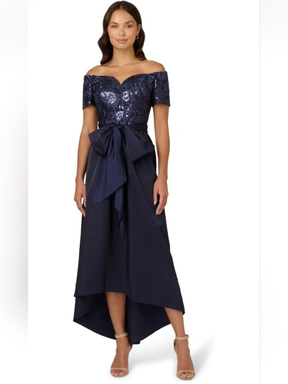 Papell Studios By Adriana Papell Off Shoulder Sequin Taffeta Gown Navy 12 NWT